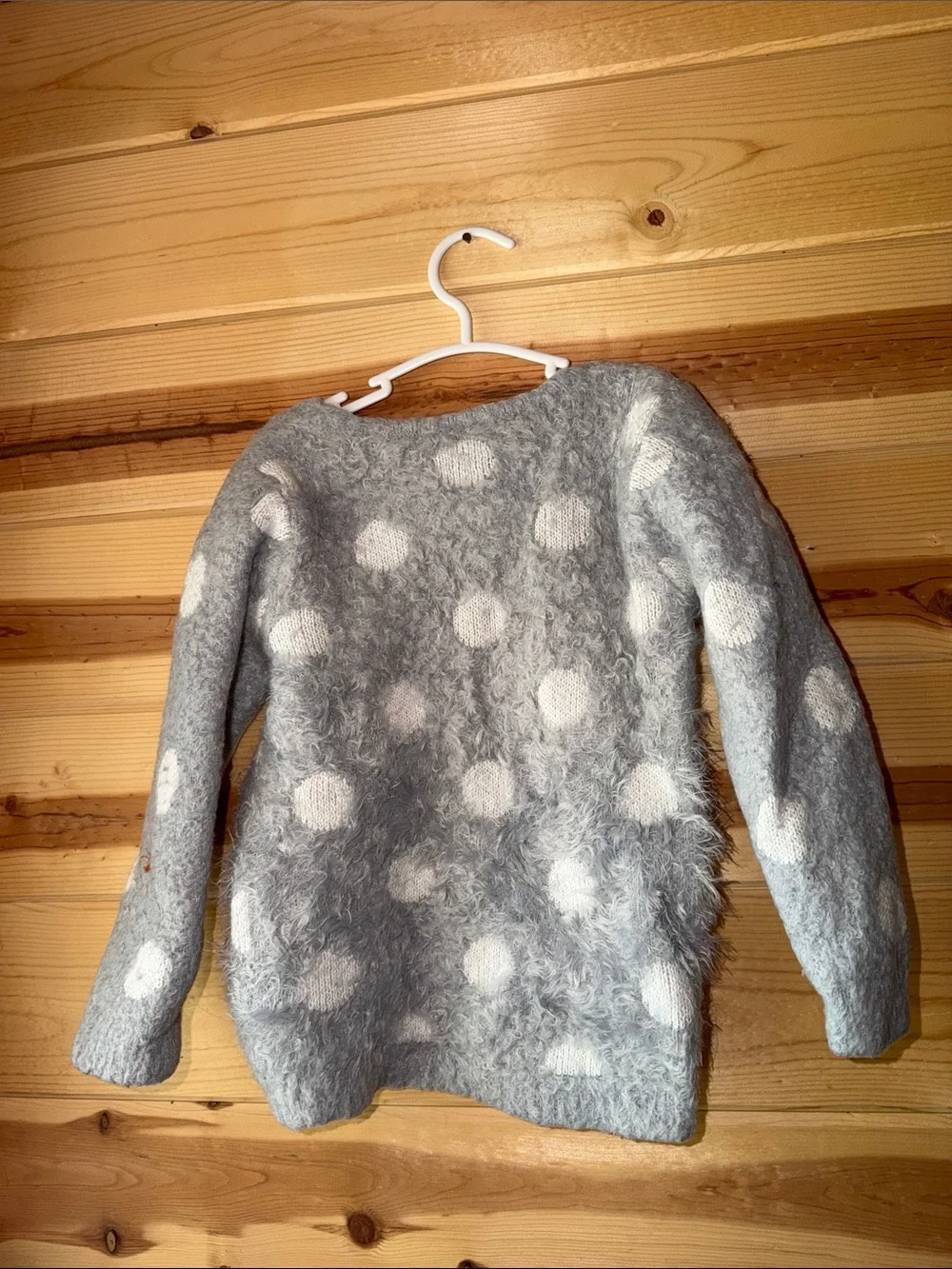 Cherokee Gray Fuzzy Sweater with White Polka Dots